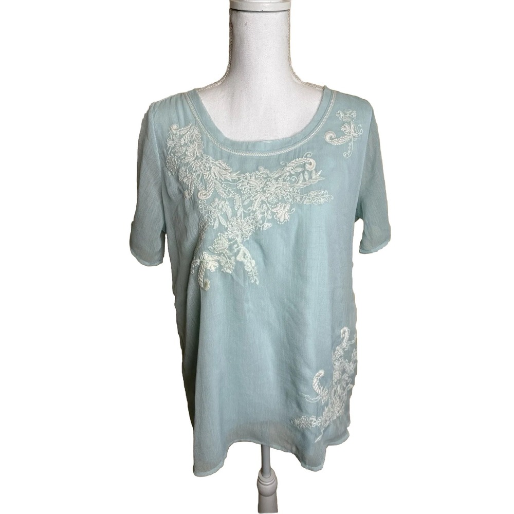Soft Surroundings Women's Medium Blue Embroidered Chiffon Overlay Blouse